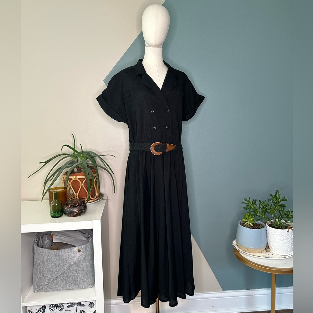 Vintage G Collection Black Cotton Shirt Dress USA 18 Belted Midi Fit & Flare - Picture 2 of 13